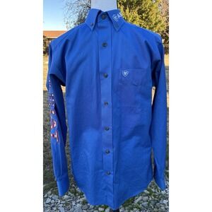 Ariat Shirt Mens S Fitted Team Logo Twill Top Classic Fit Blue Sea Scape Flag